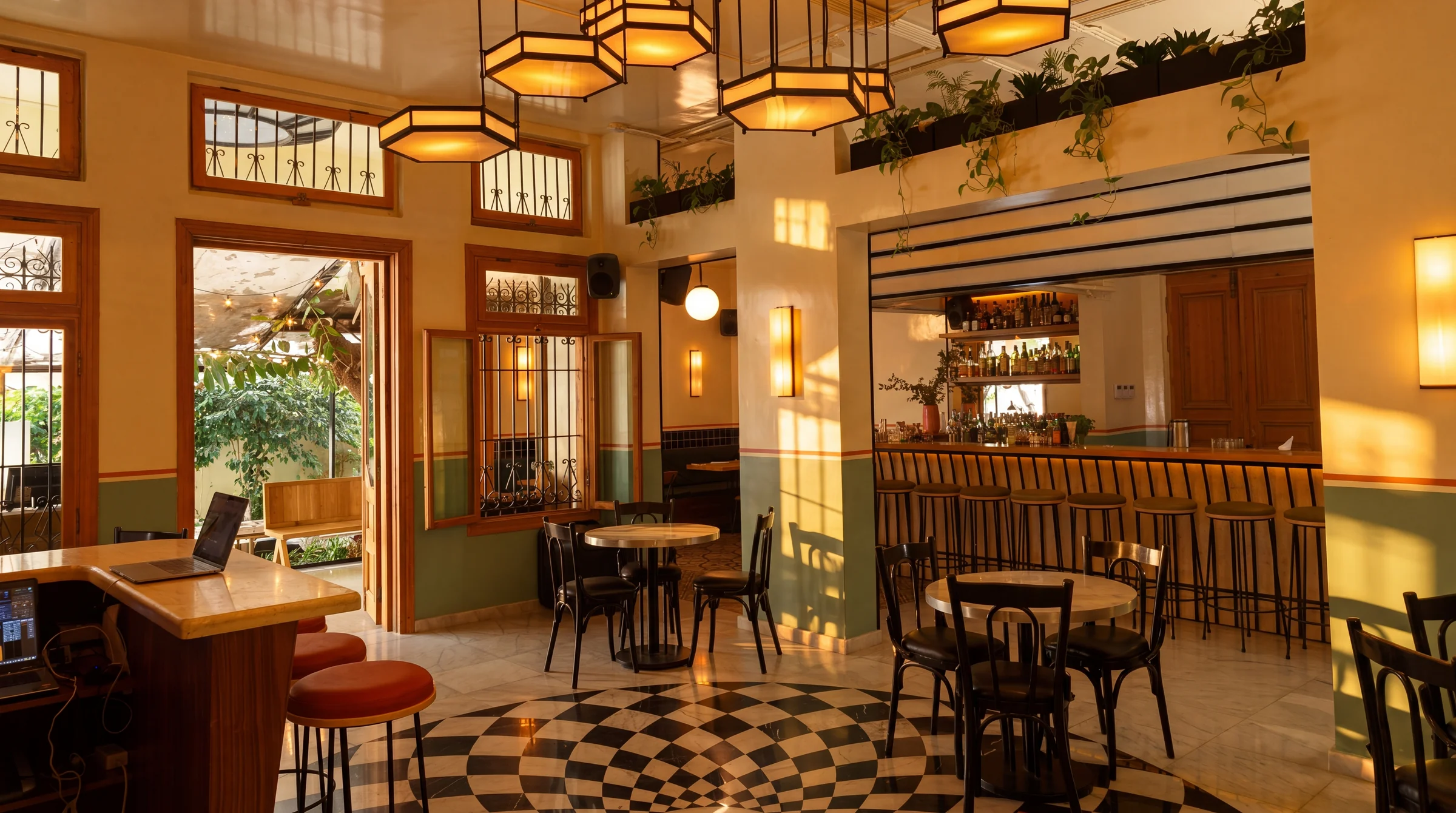 Warm art-directed restaurant interior for an architecture and hospitality campaign