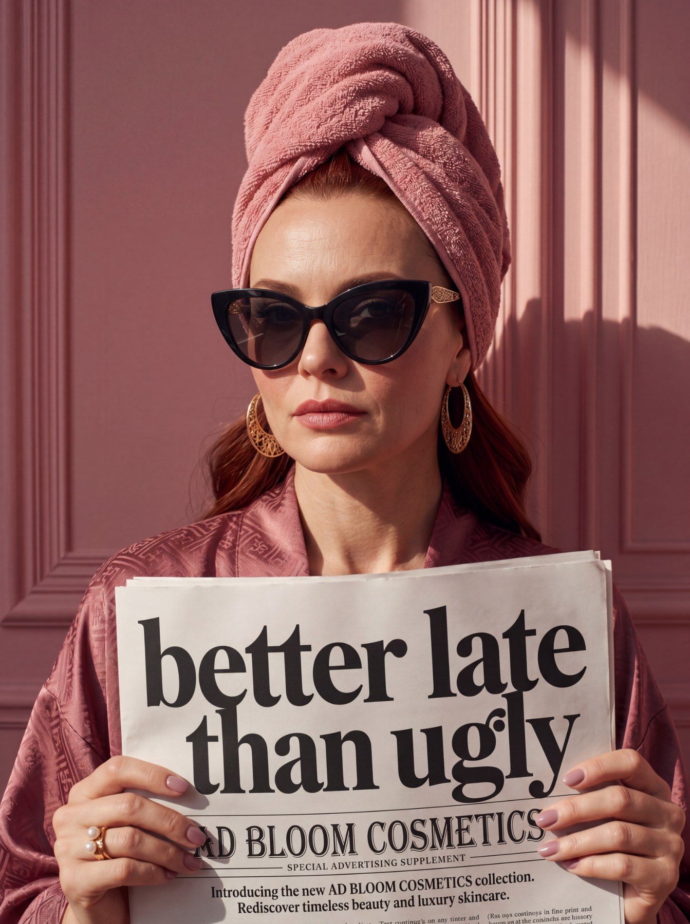 Woman in pink styling with sunglasses and a towel wrap holding a newspaper headline for Bloom cosmetics.