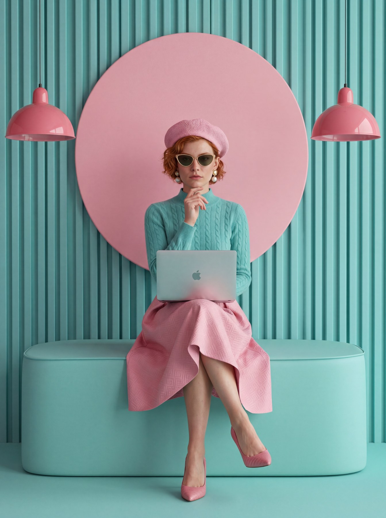 Stylized portrait of a red-haired woman in pastel clothing seated with a laptop against a pink and teal set.