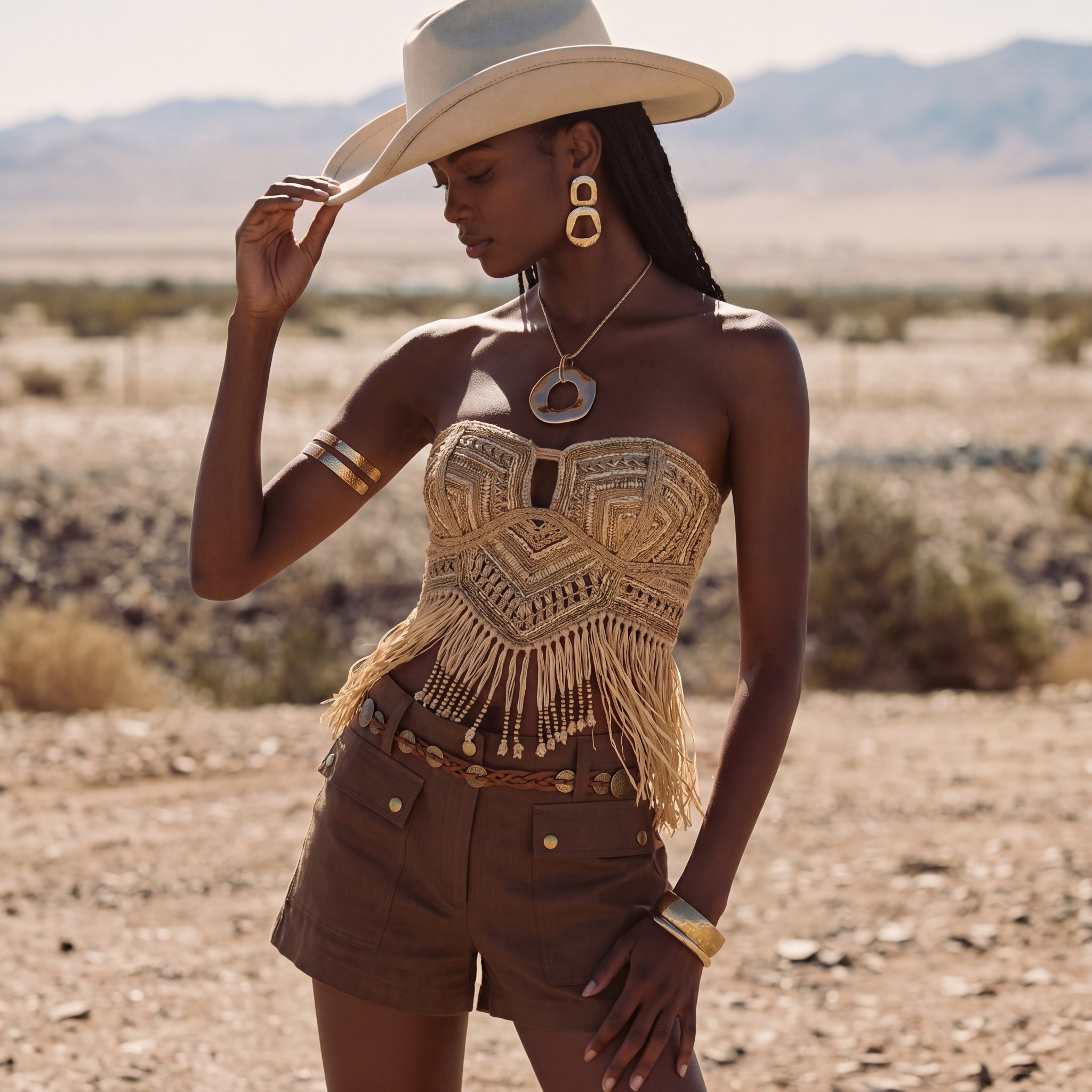 Western luxury fashion editorial with a model wearing a cowboy hat in a desert setting.